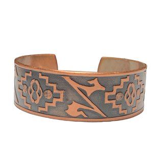 Vintage WHEELER Mfg Co WM‎ Copper South Western Themed Etched Cuff Bracelet